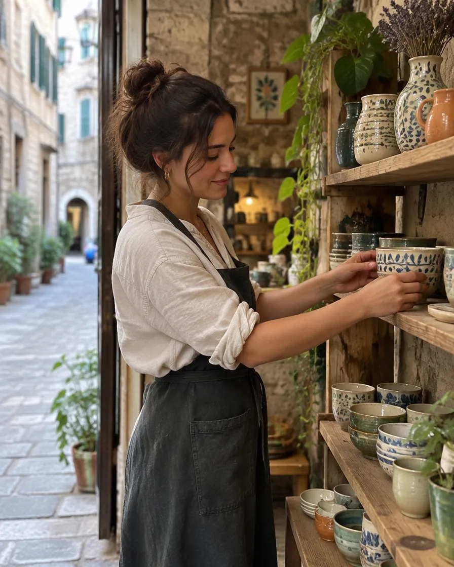 Titolare di un negozio di ceramiche mentre sistema gli scaffali